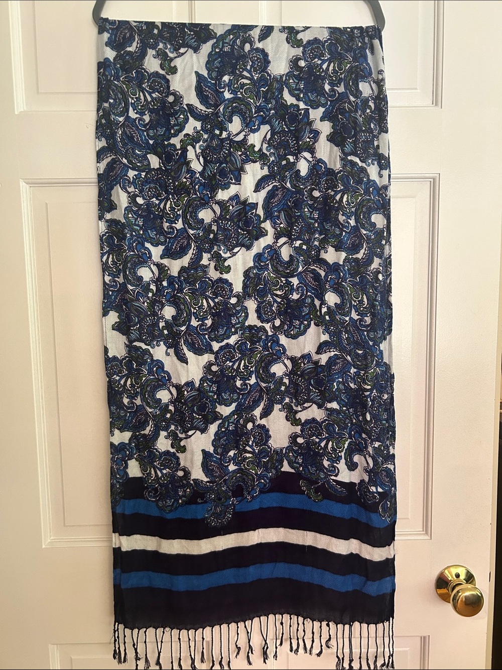Jones New York Blue and White Paisley Fringe Scarf Wrap